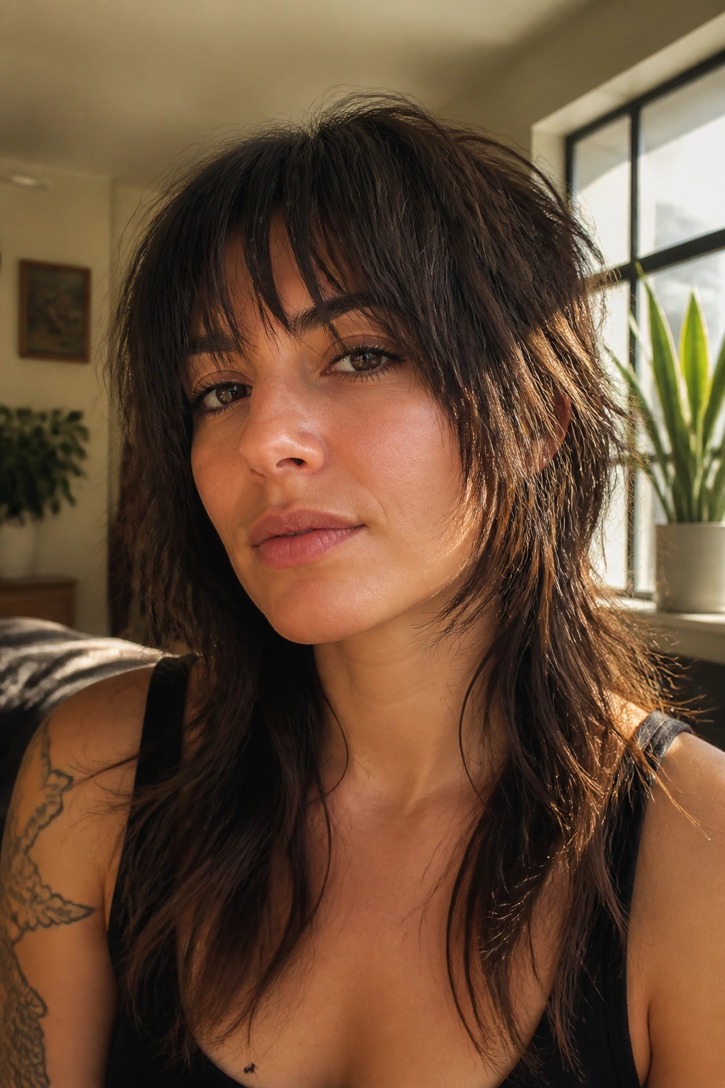 Close-up of a real woman with piecey bangs and a wolf cut in warm window daylight