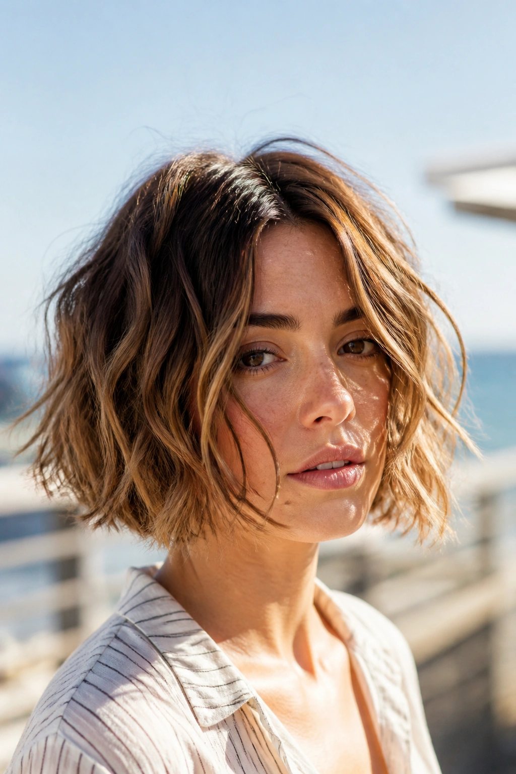 Close-up portrait of Piecey Beach-Wave Bob With Airy Ends on a real person, airy ends