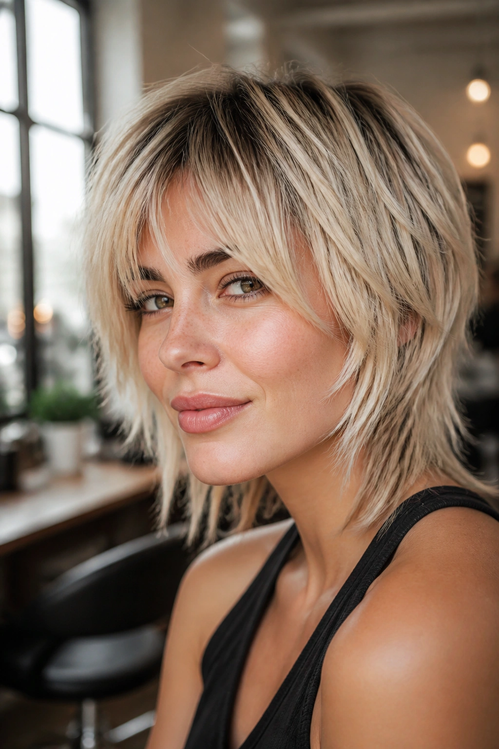 Close-up of a real woman with Piecey Blonde Bixie Wolf Cut in a sunlit salon