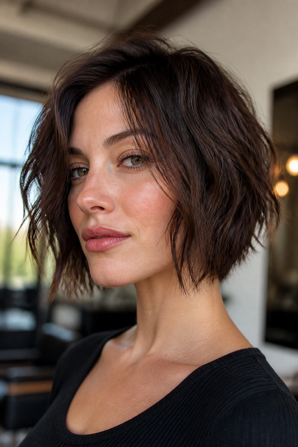 Close-up portrait of a real woman with a piecey bob and choppy ends