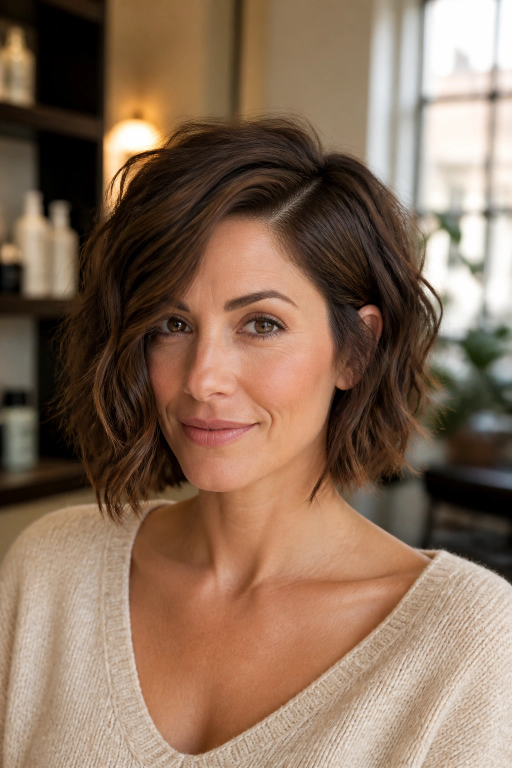 Close-up portrait of a real woman with a piecey bob and deep side part showing defined wave segments