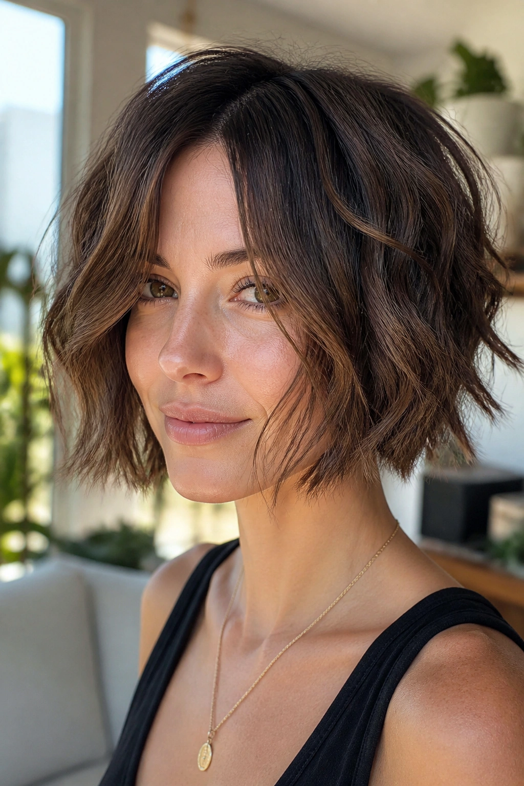 Real woman with piecey bob and face-framing layers, textured waves