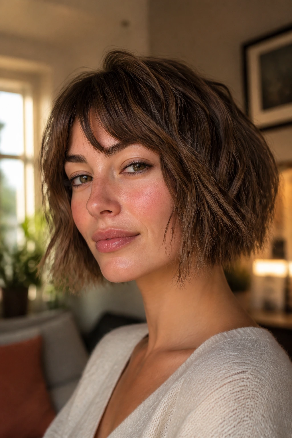 Close-up of a real woman with piecey bob and micro layers hairstyle