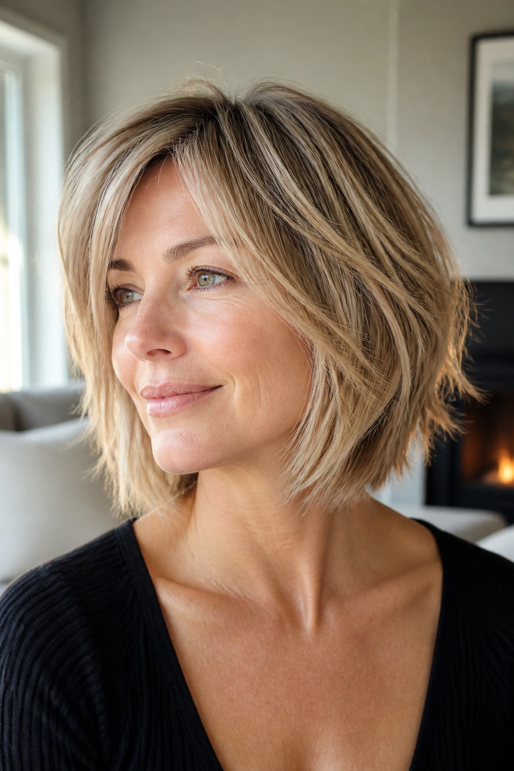 Close-up of a real woman with a piecey bob and micro-layers