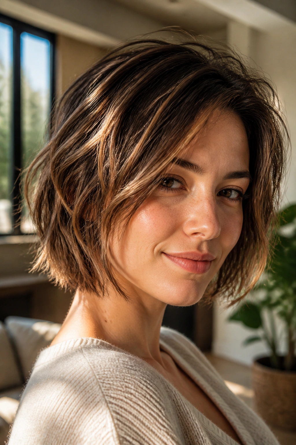 Portrait of a woman with a textured piecey bob in natural daylight