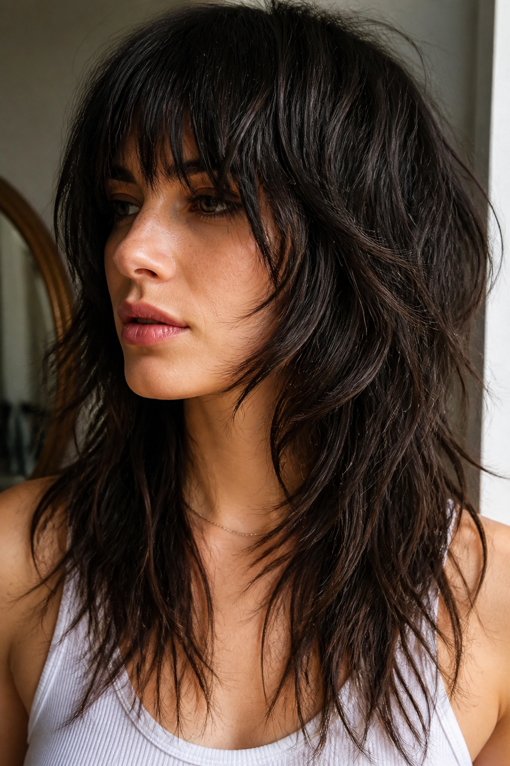 Close-up of a real woman's head with piecey choppy ends on a long wolf cut.