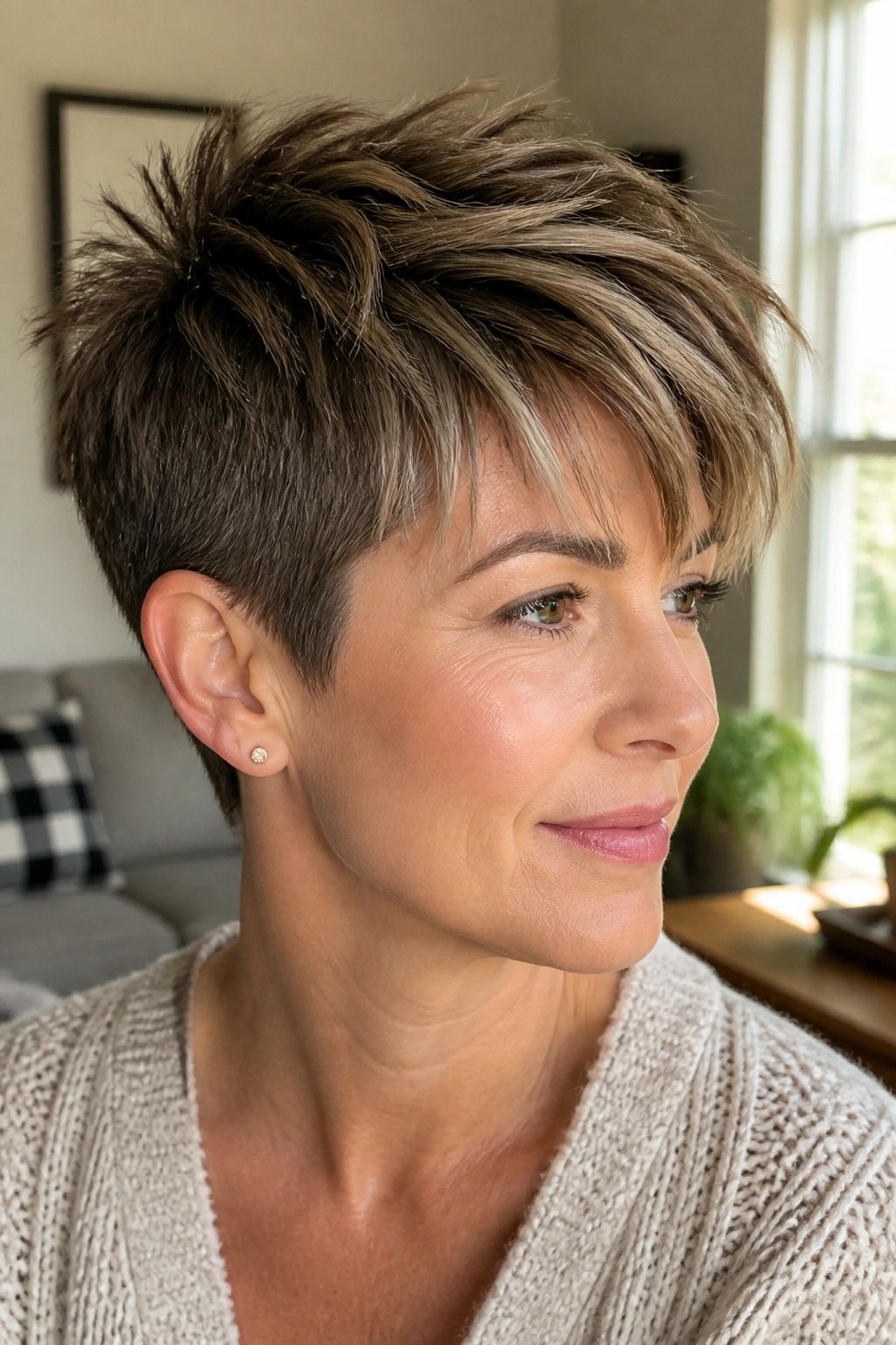 Real woman with piecey crop and long top in a sunlit living room