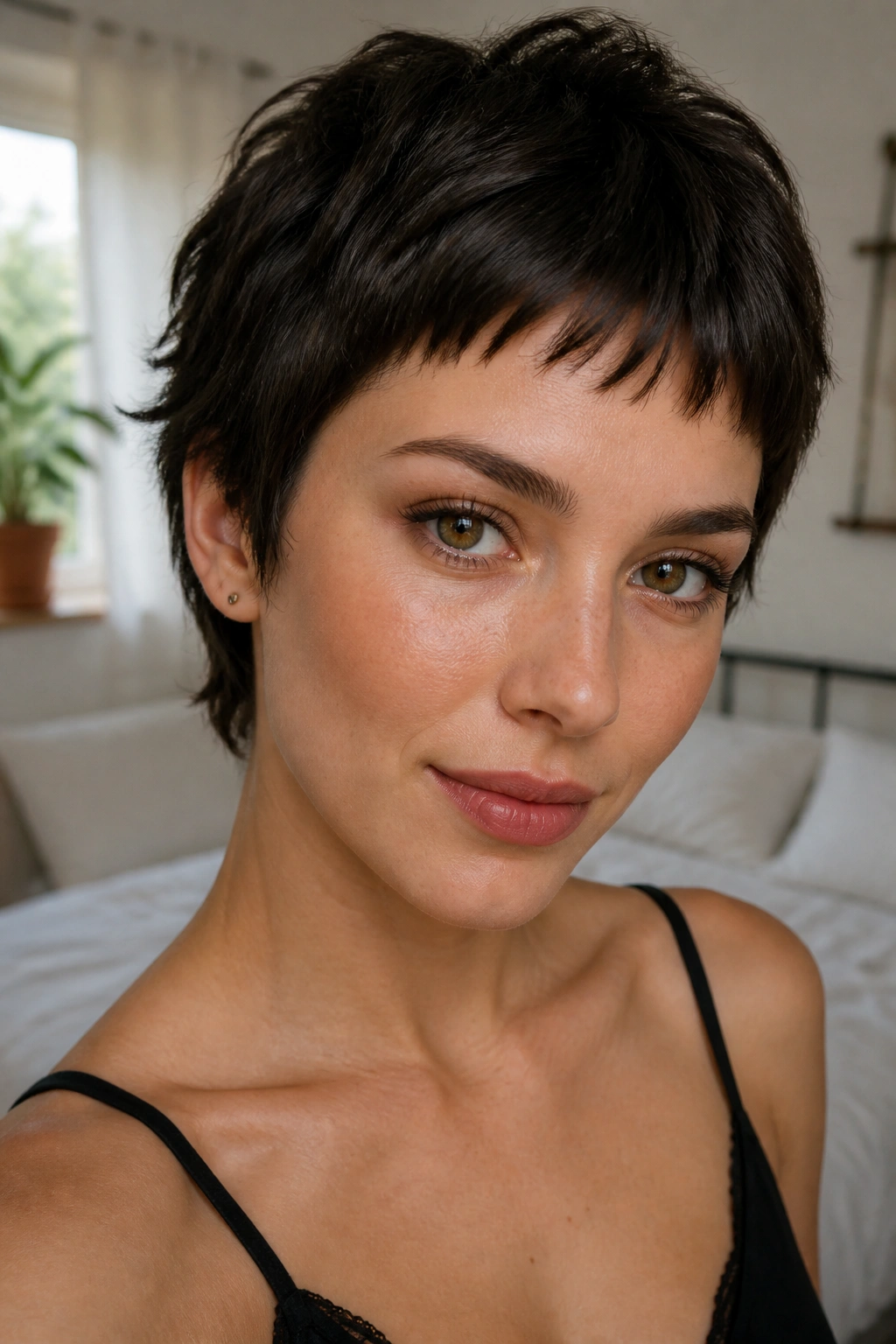 Close-up portrait of a real woman with piecey crop and baby bangs hairstyle