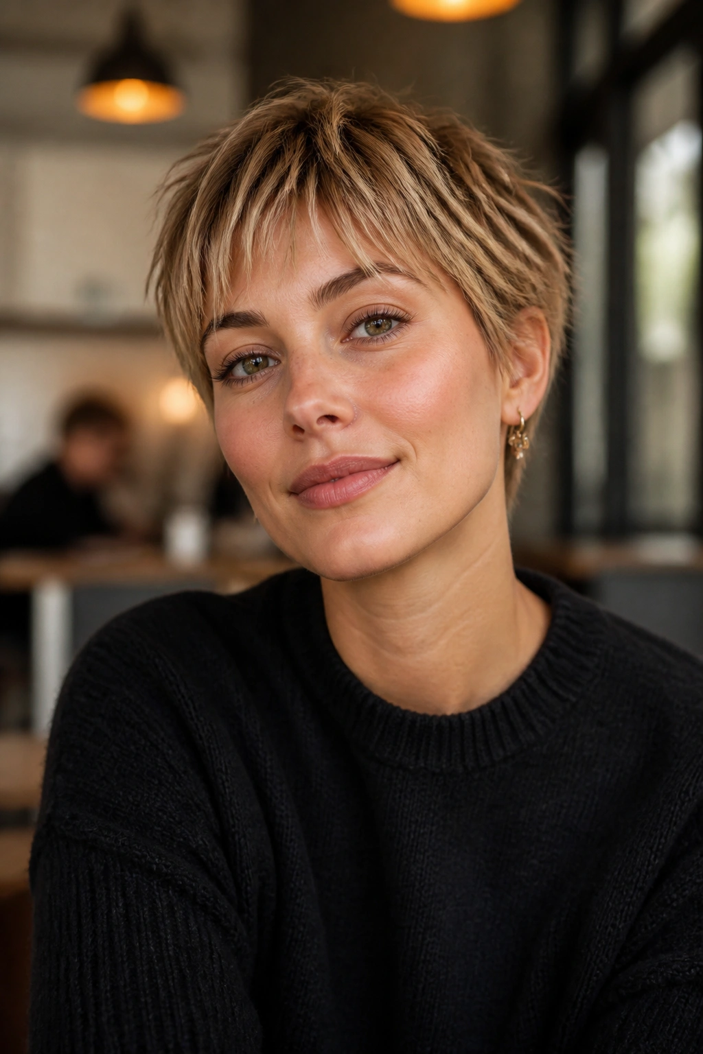 Close-up of a real woman with a piecey crop and light fringe in cafe interior light