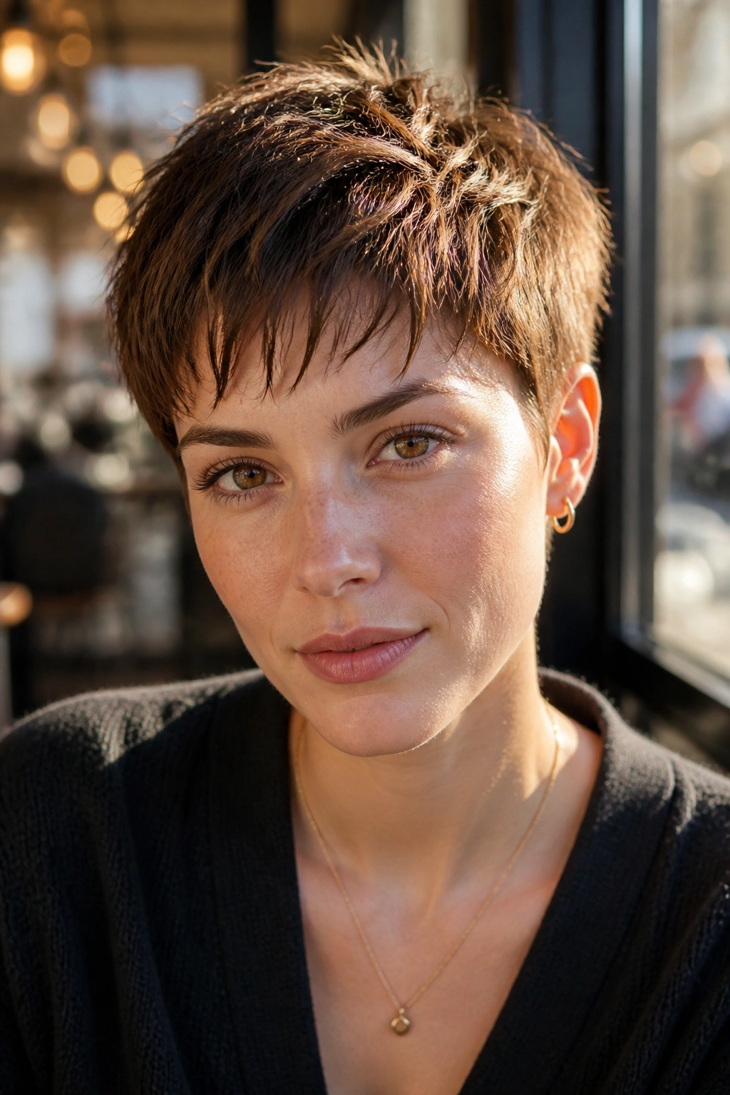 Close-up of a real woman with a piecey crop and light fringe.
