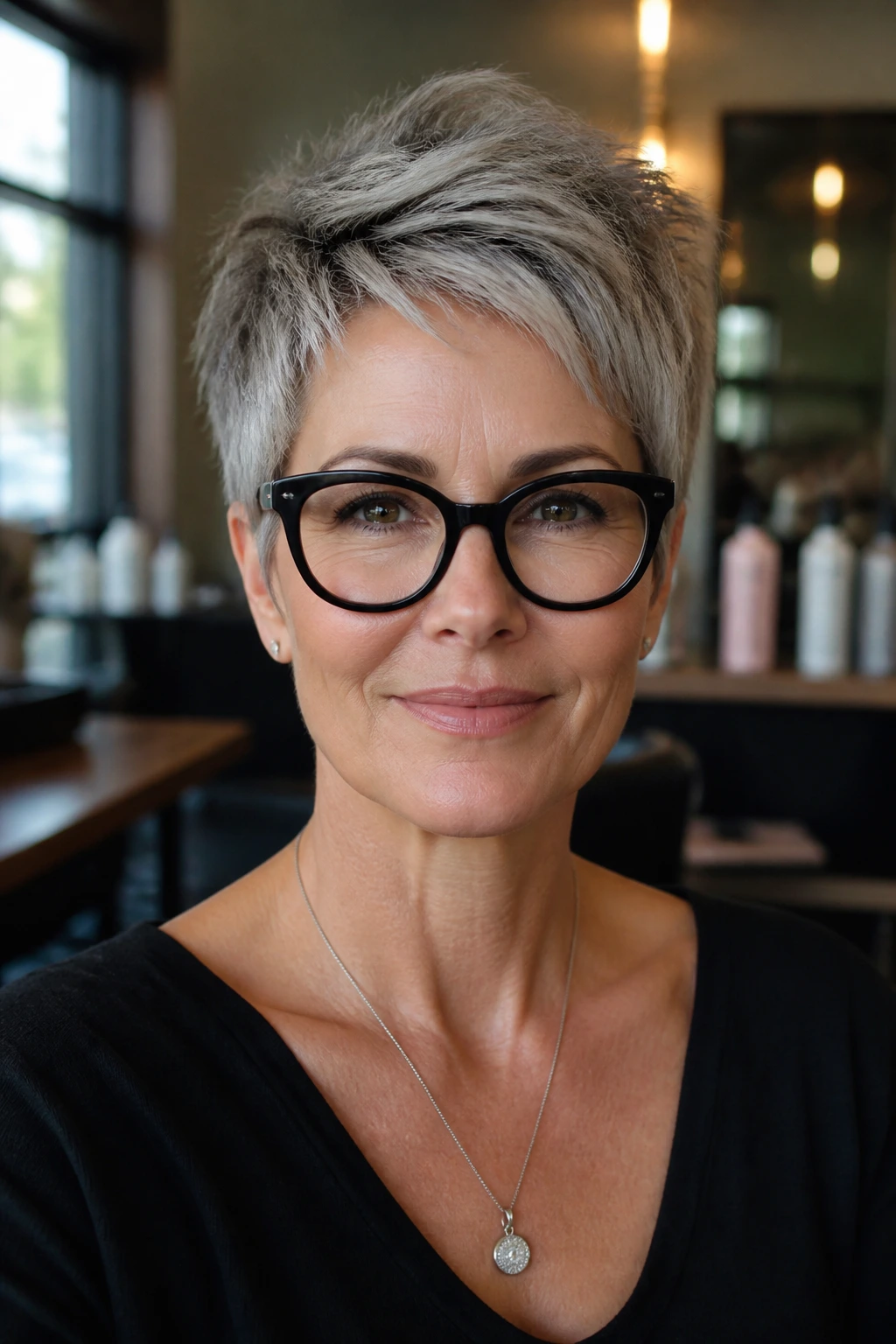 Close-up of a real woman with a piecey crop and glasses in a warm salon.