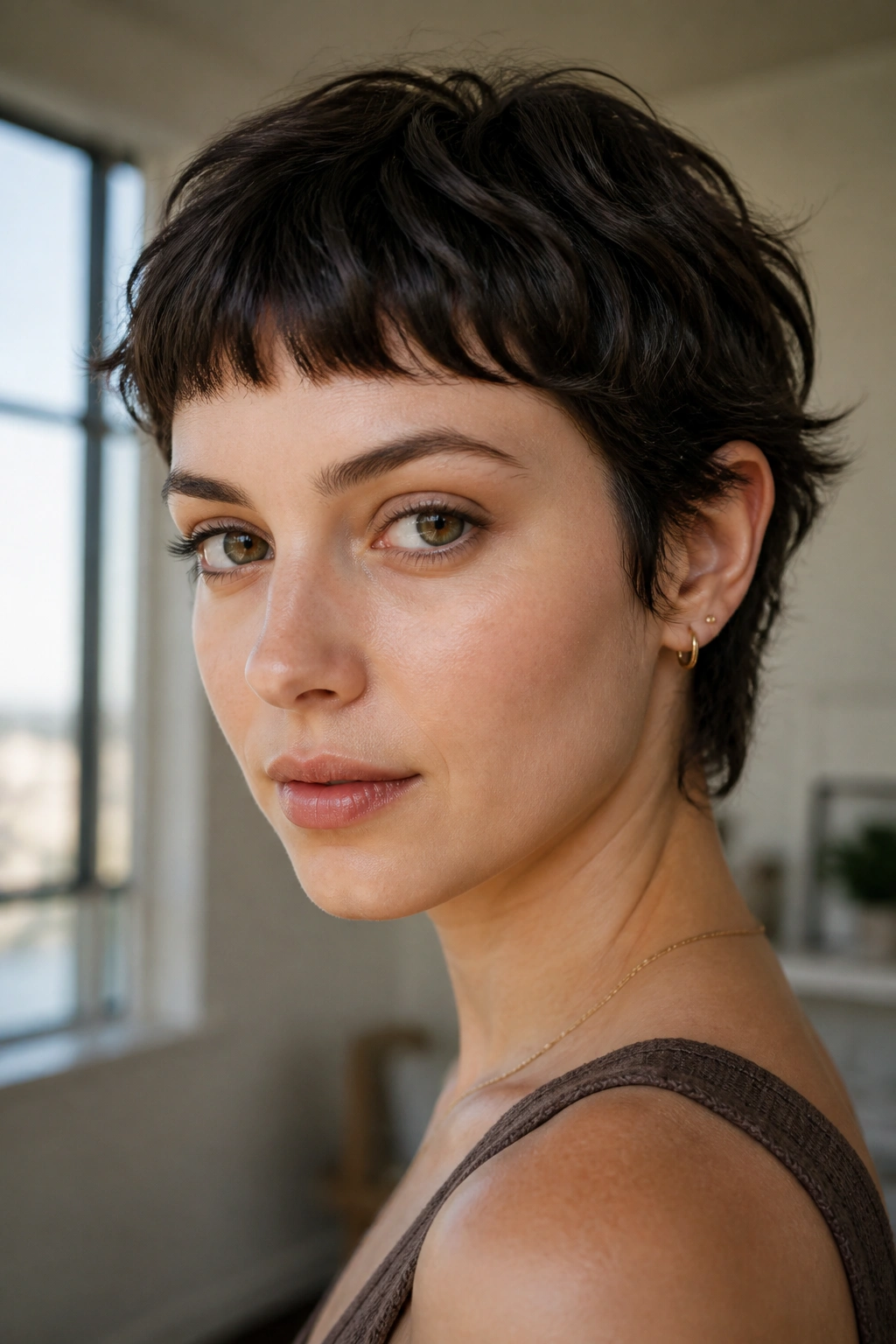 Close-up portrait of a real person with a piecey crop and micro bangs