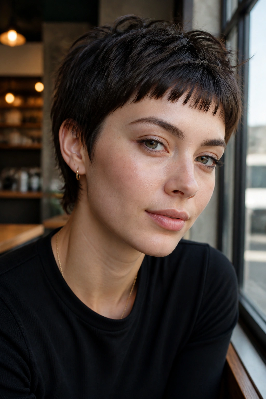 Close-up portrait of a person with a textured piecey crop and micro bangs.