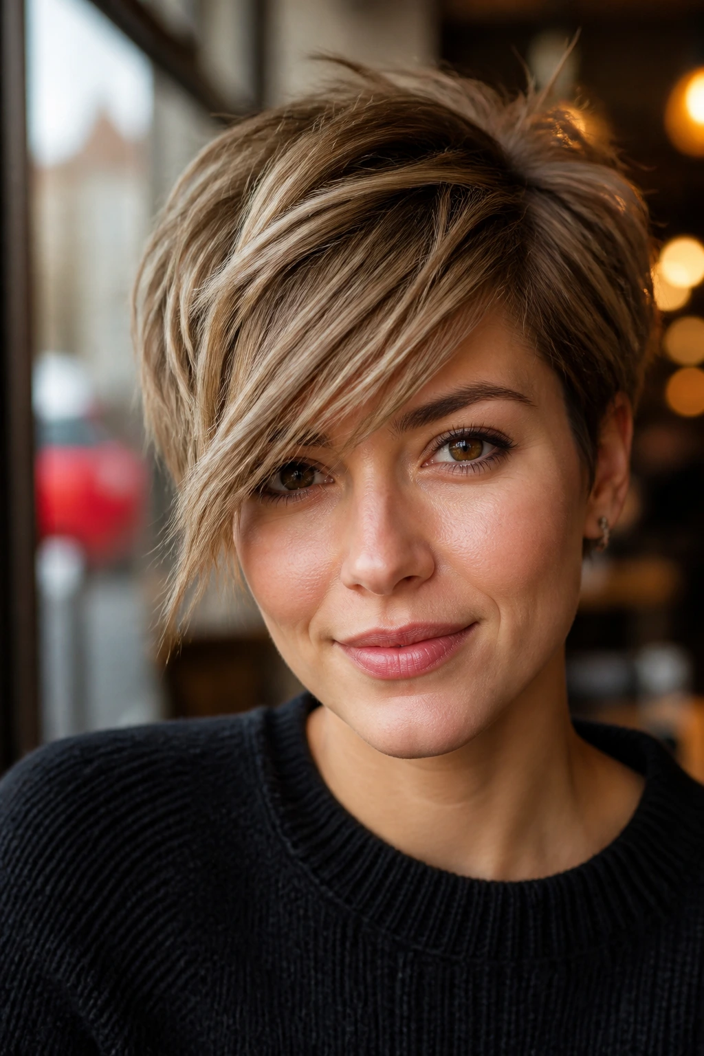 Real person displaying a piecey crop with side-swept bangs