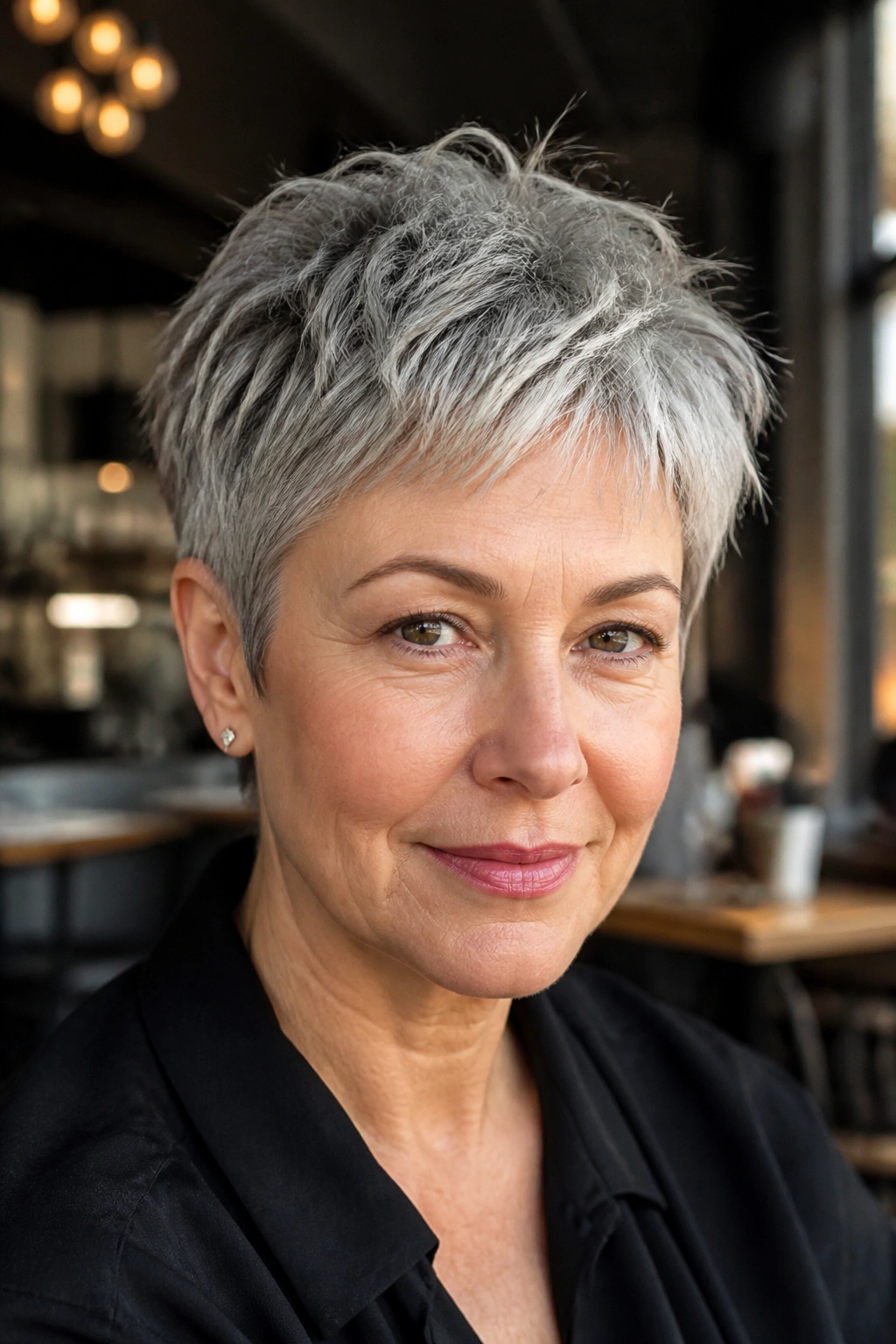 Close-up of a woman with a piecey crop and tucked sides