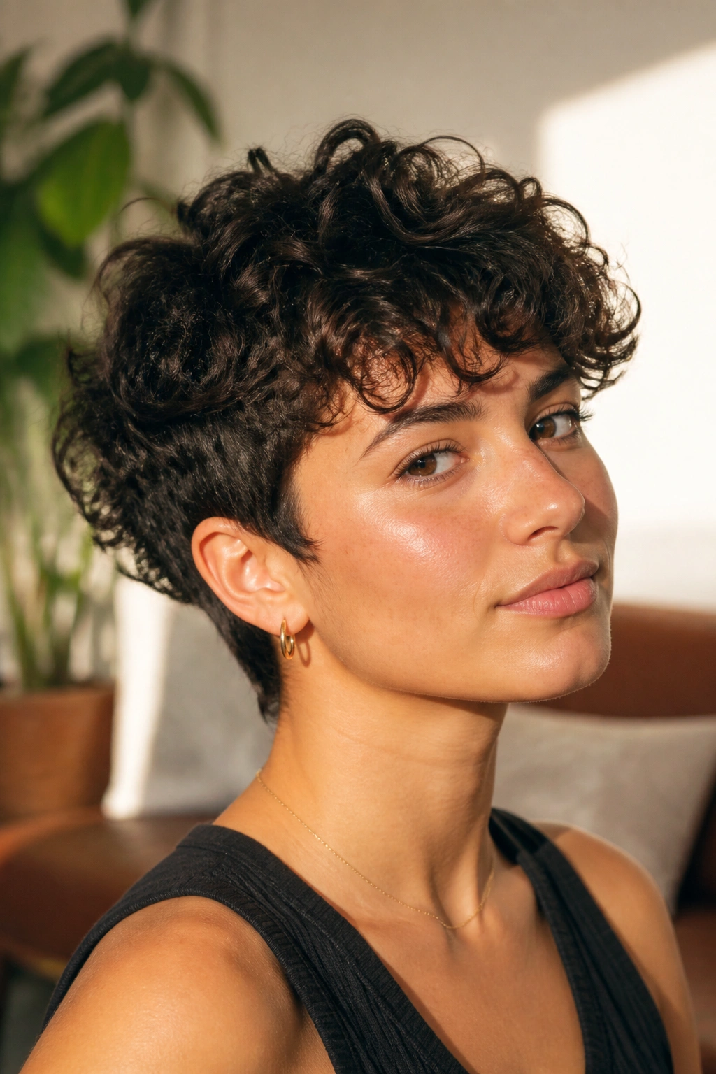 Close-up of a real person with a piecey curly crop showing textured curls