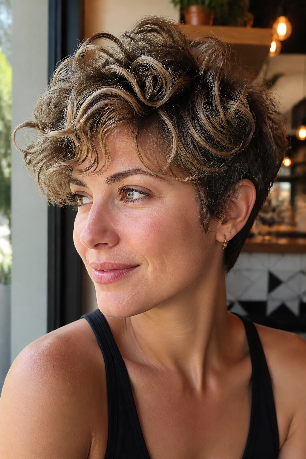 Portrait of a real woman with piecey curly pixie and highlights.