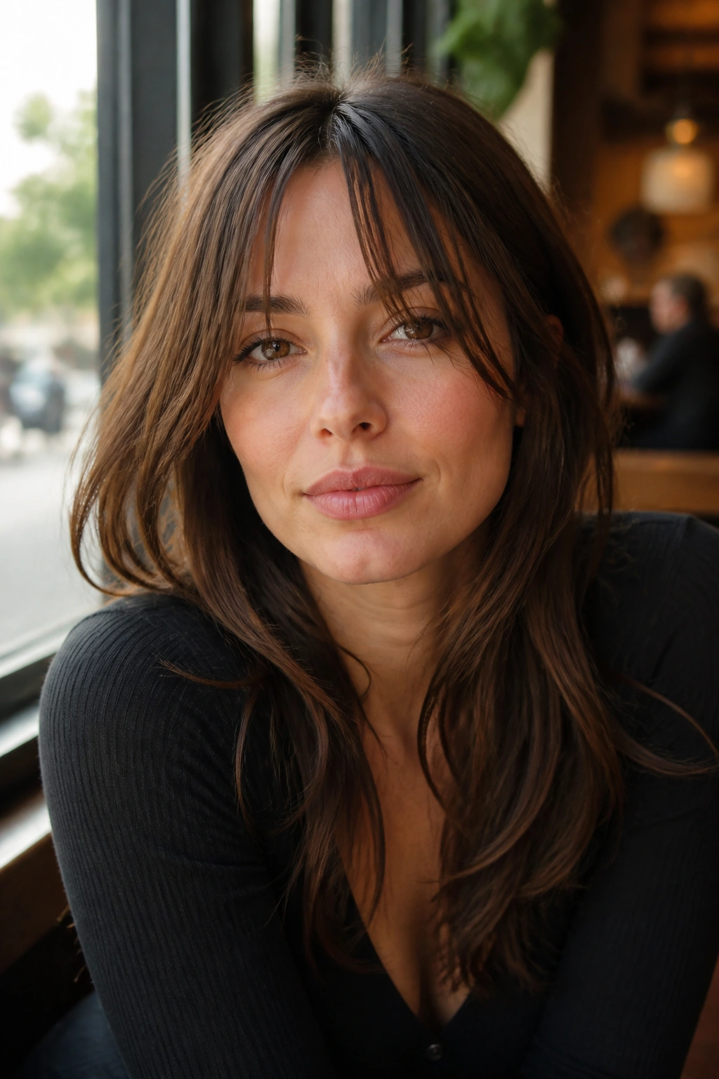 Real woman with layered hair and piecey curtain bangs, close-up portrait