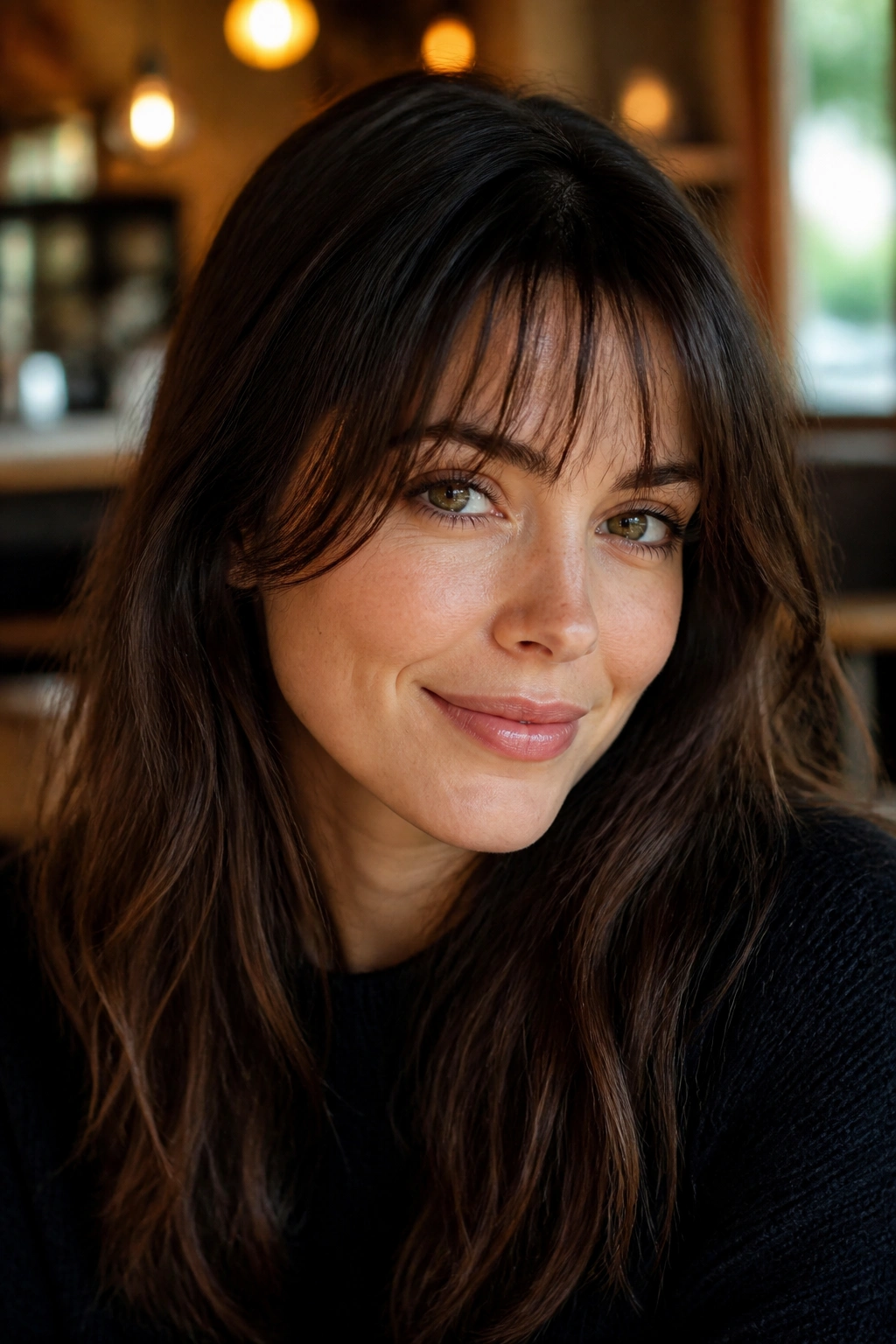 Close-up of a real woman with piecey feathered fringe in a cozy cafe setting