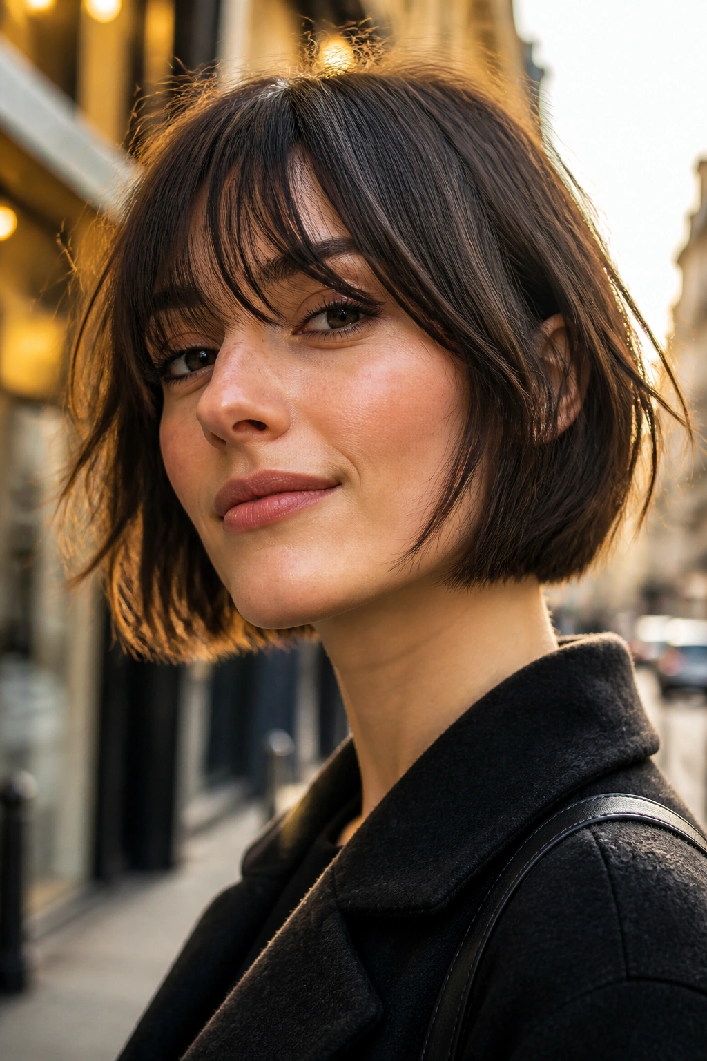 Real woman with piecey French bob and textured ends on city sidewalk during golden hour.