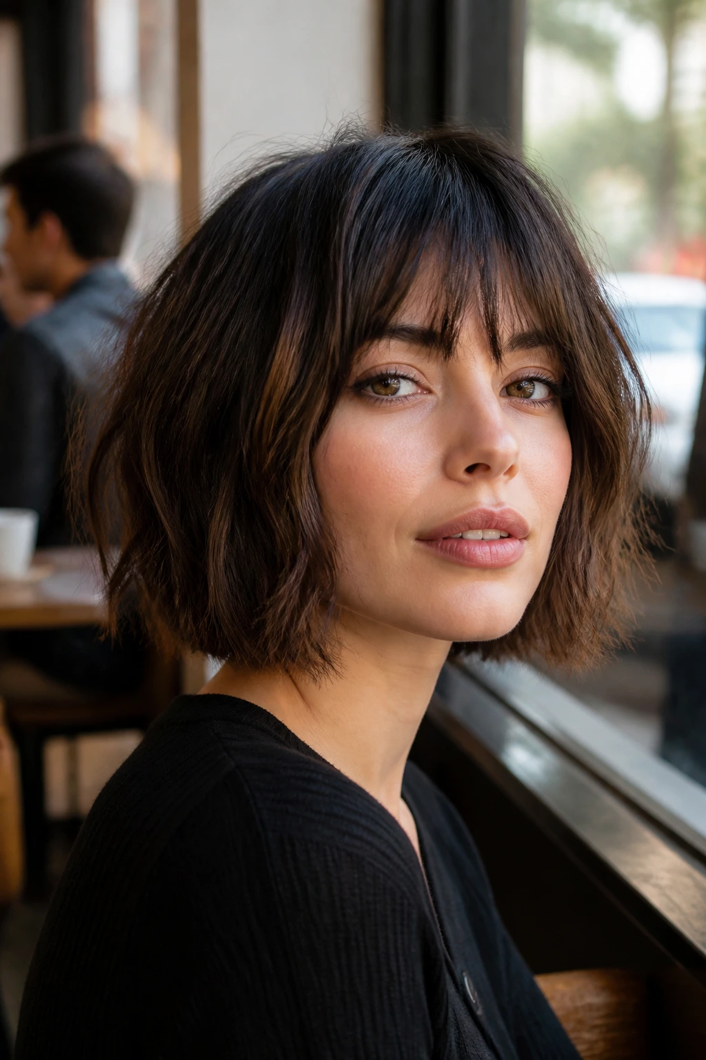 Portrait of a real woman with a piecey French bob and choppy fringe.