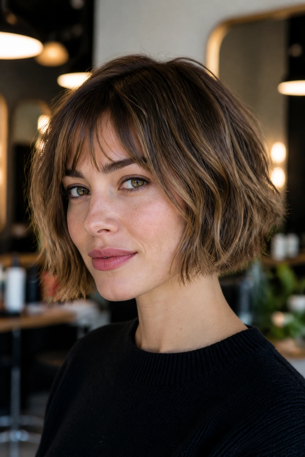 Close-up of a woman with a piecey French bob showing texture and separation.