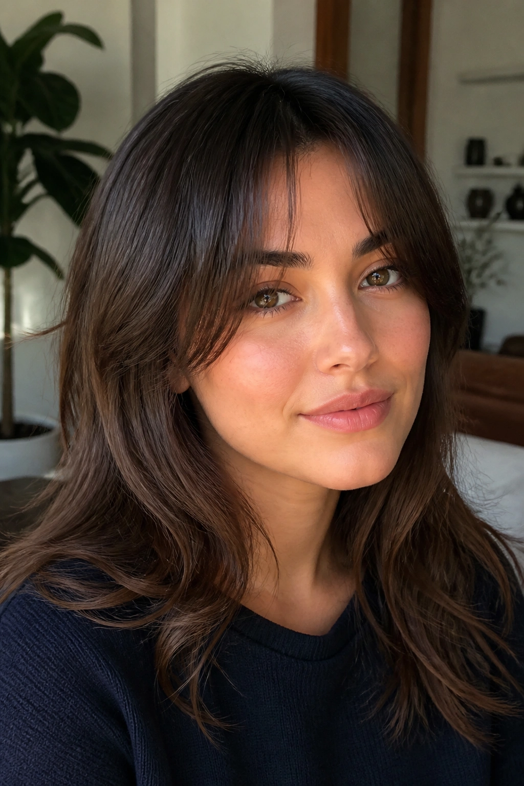Close-up portrait of a real woman with piecey middle-part fringe