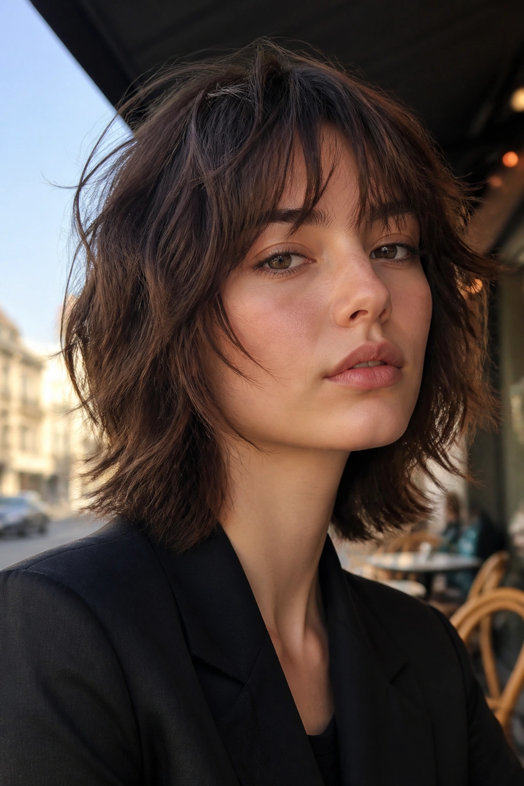Close-up portrait of a real person with piecey fringe shaggy wolf cut outdoorsy cafe light