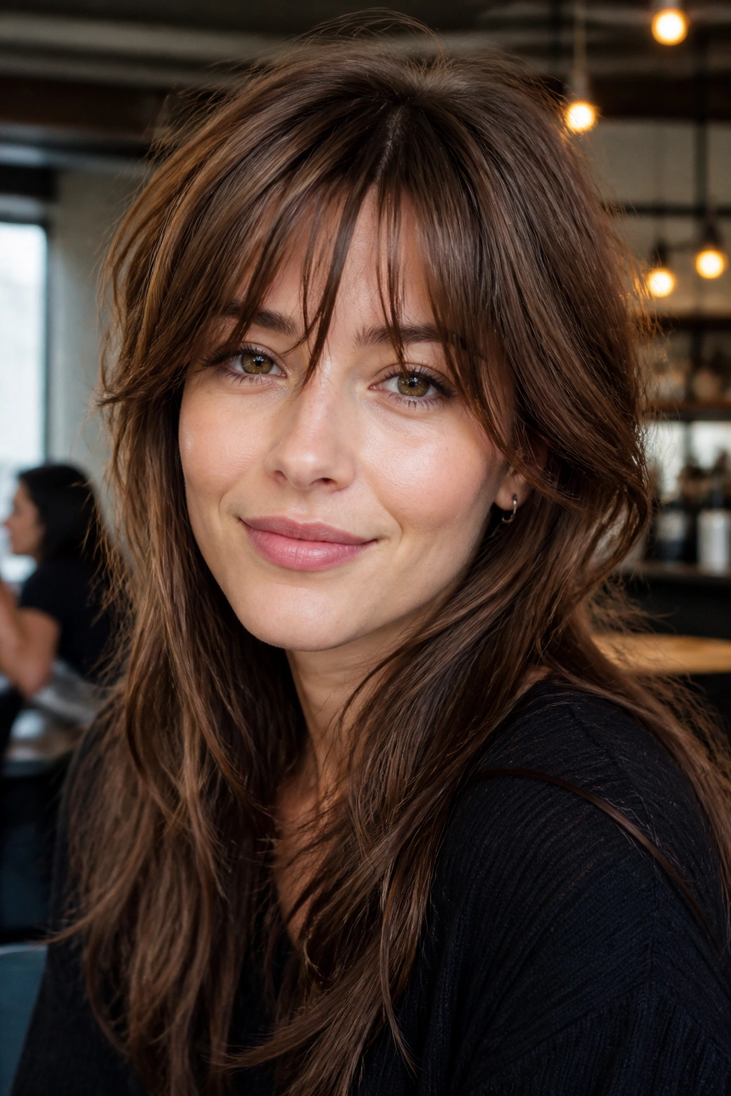 Close-up portrait with piecey layered bangs showing texture and separation.