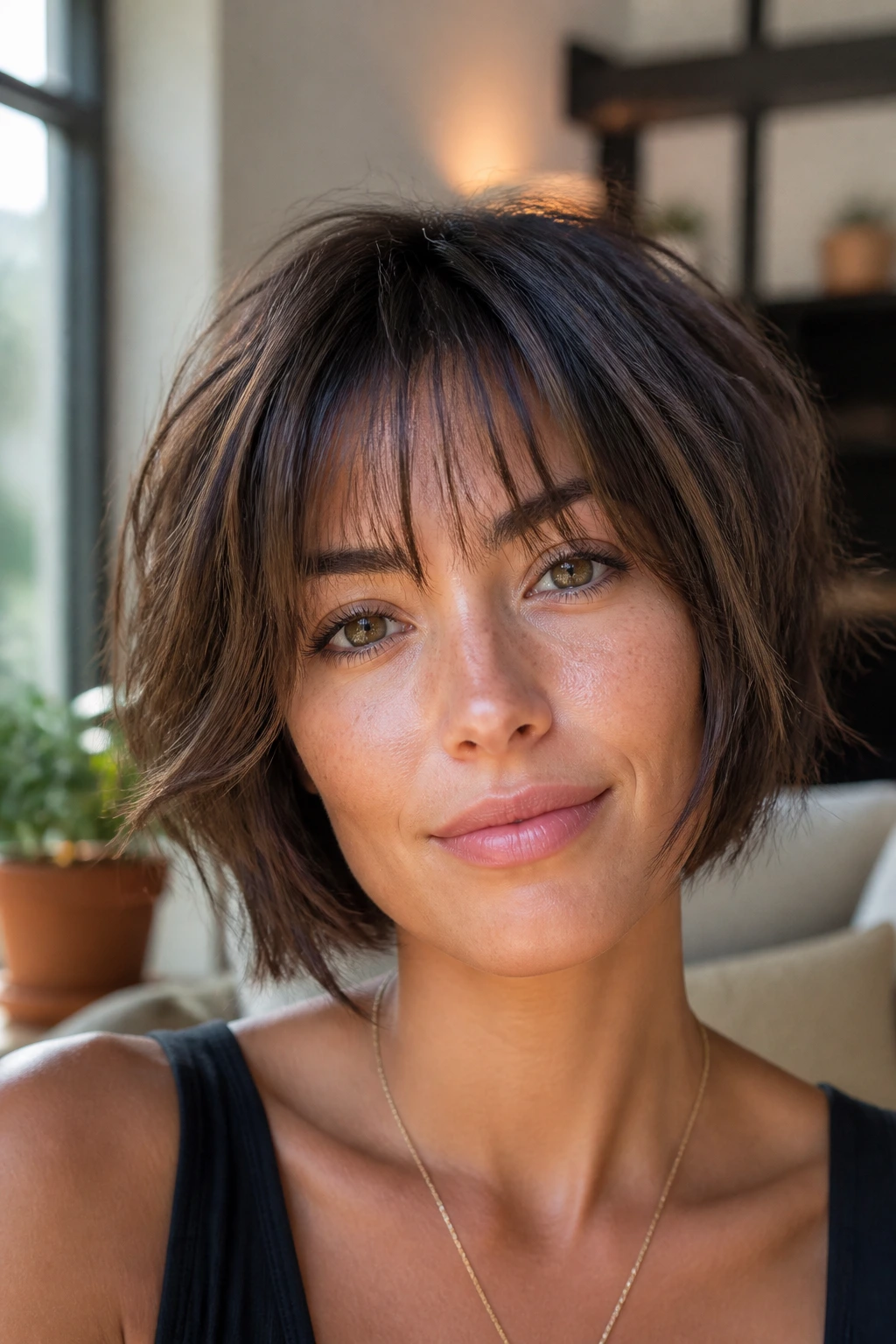 Close-up portrait of a real woman with a piecey layered bob and wispy bangs