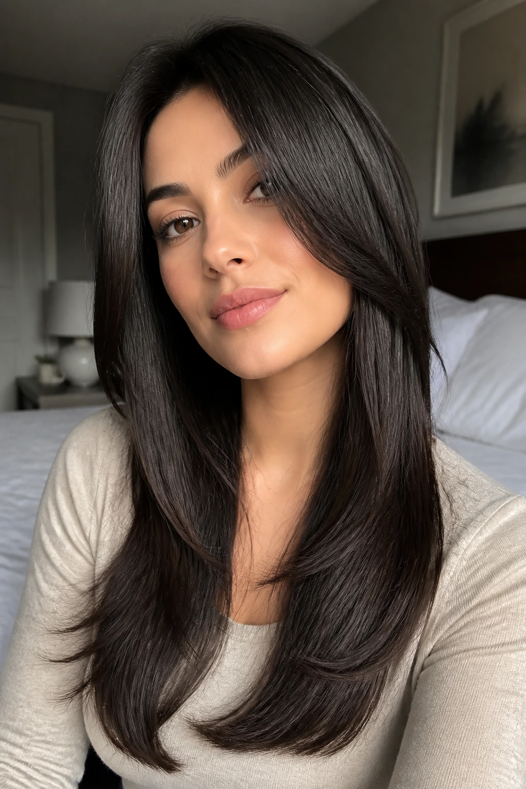 Close-up portrait of a real woman with piecey front layers and glossy glass hair on straight hair, natural light