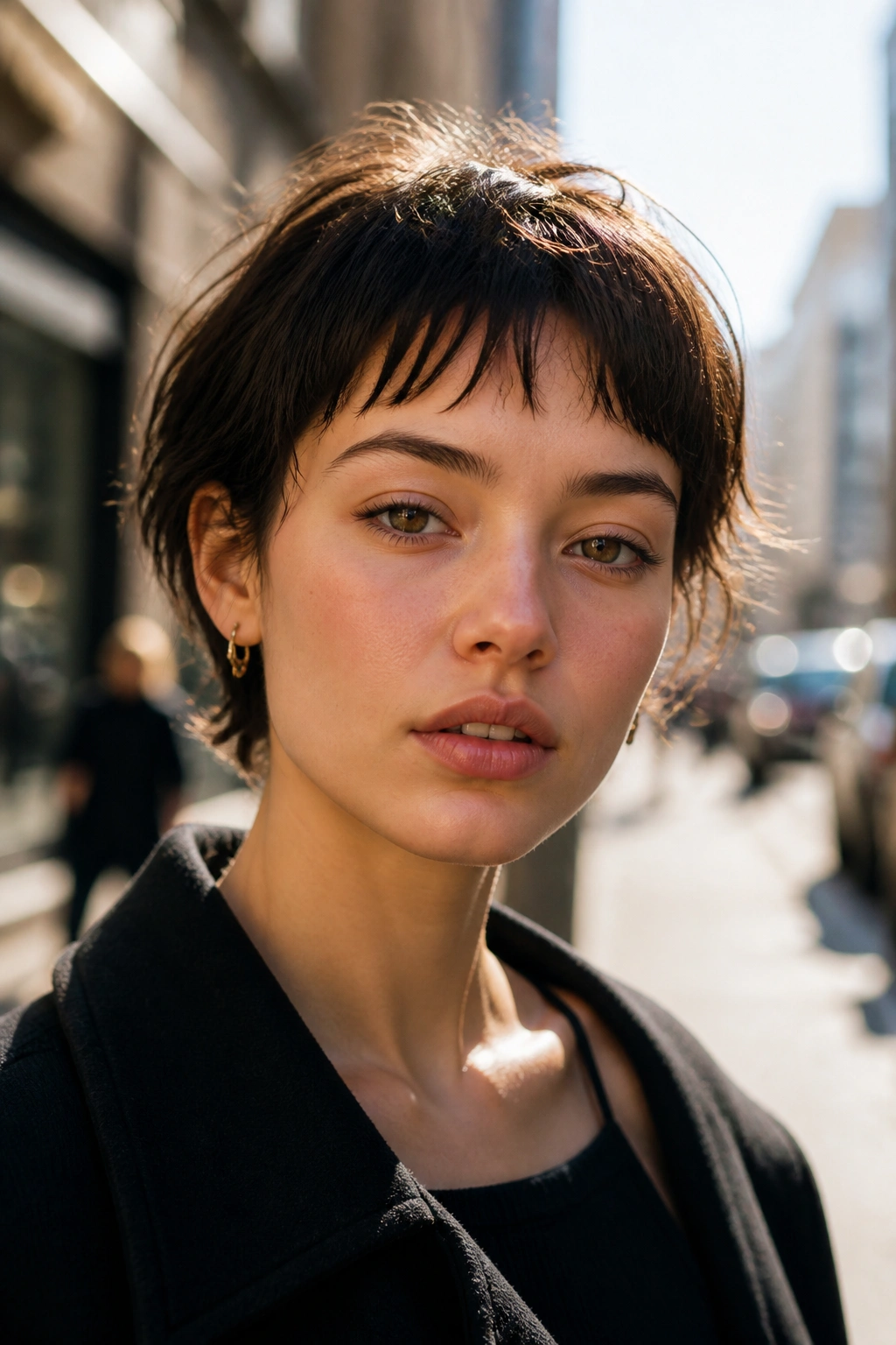 Close-up portrait of a real person with a short, piecey micro-wispy fringe.
