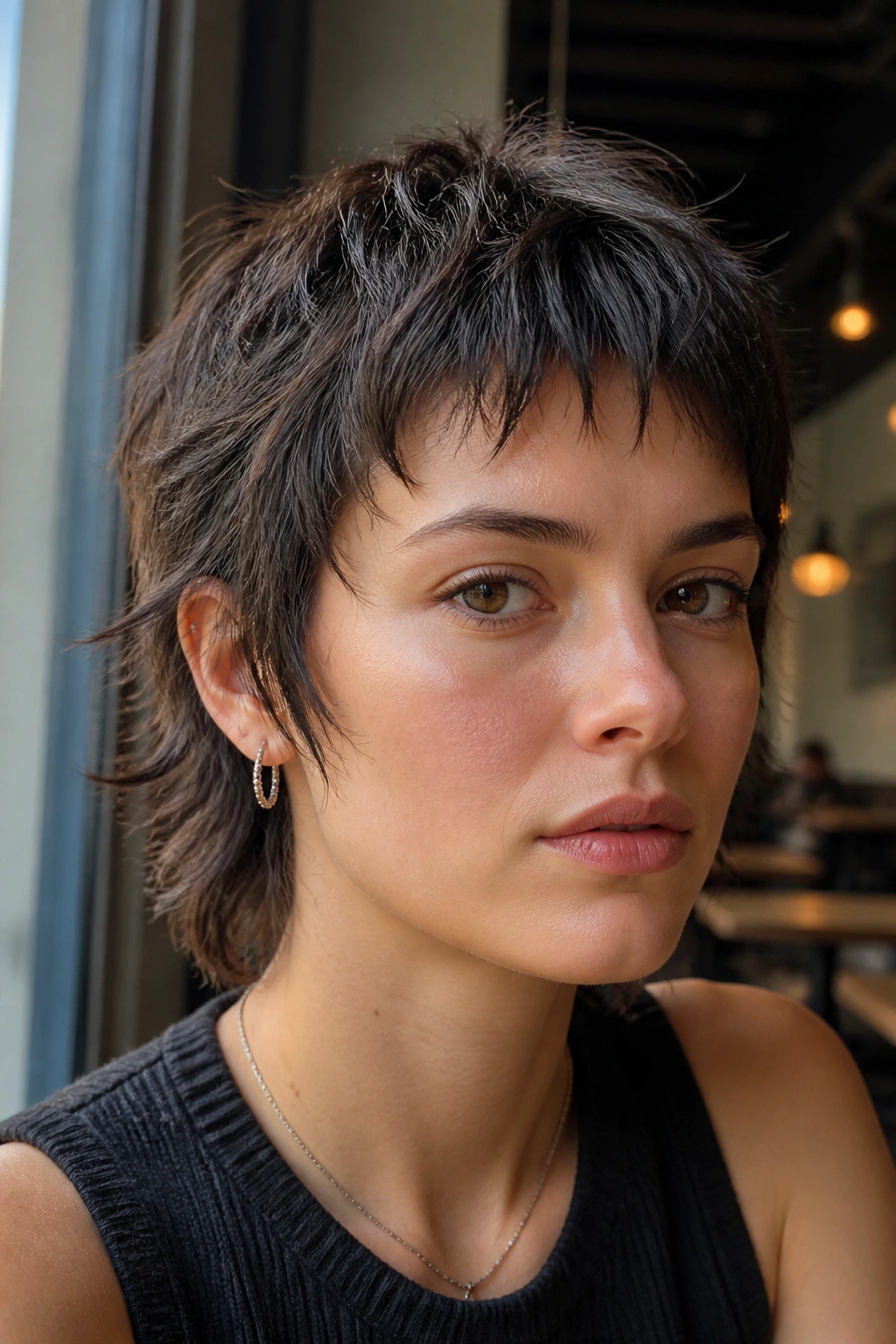 Close-up portrait of a real person with a piecey micro wolf cut and short fringe.