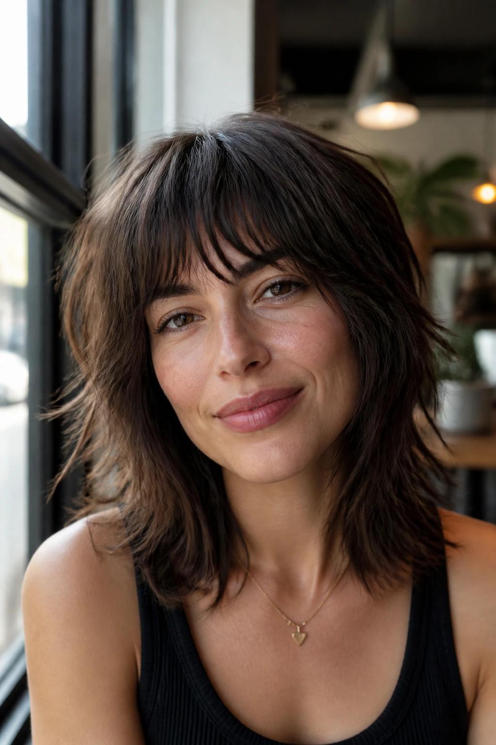 Close-up of a real person with piecey mid-length shag and subtle fringe