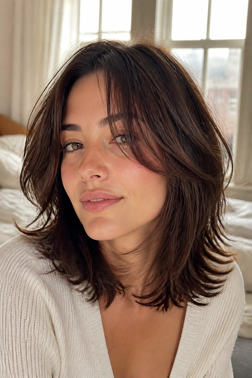 Close-up portrait of a real woman showing a piecey mid-length layered haircut with soft movement in warm window light