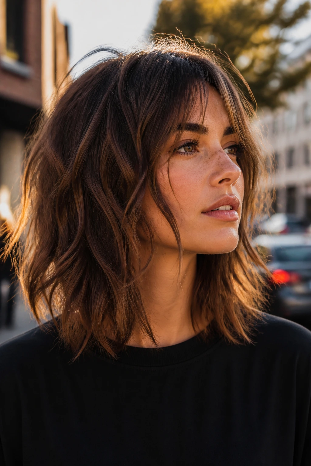 Close-up portrait of a real woman with piecey midlength layers and textured chunks
