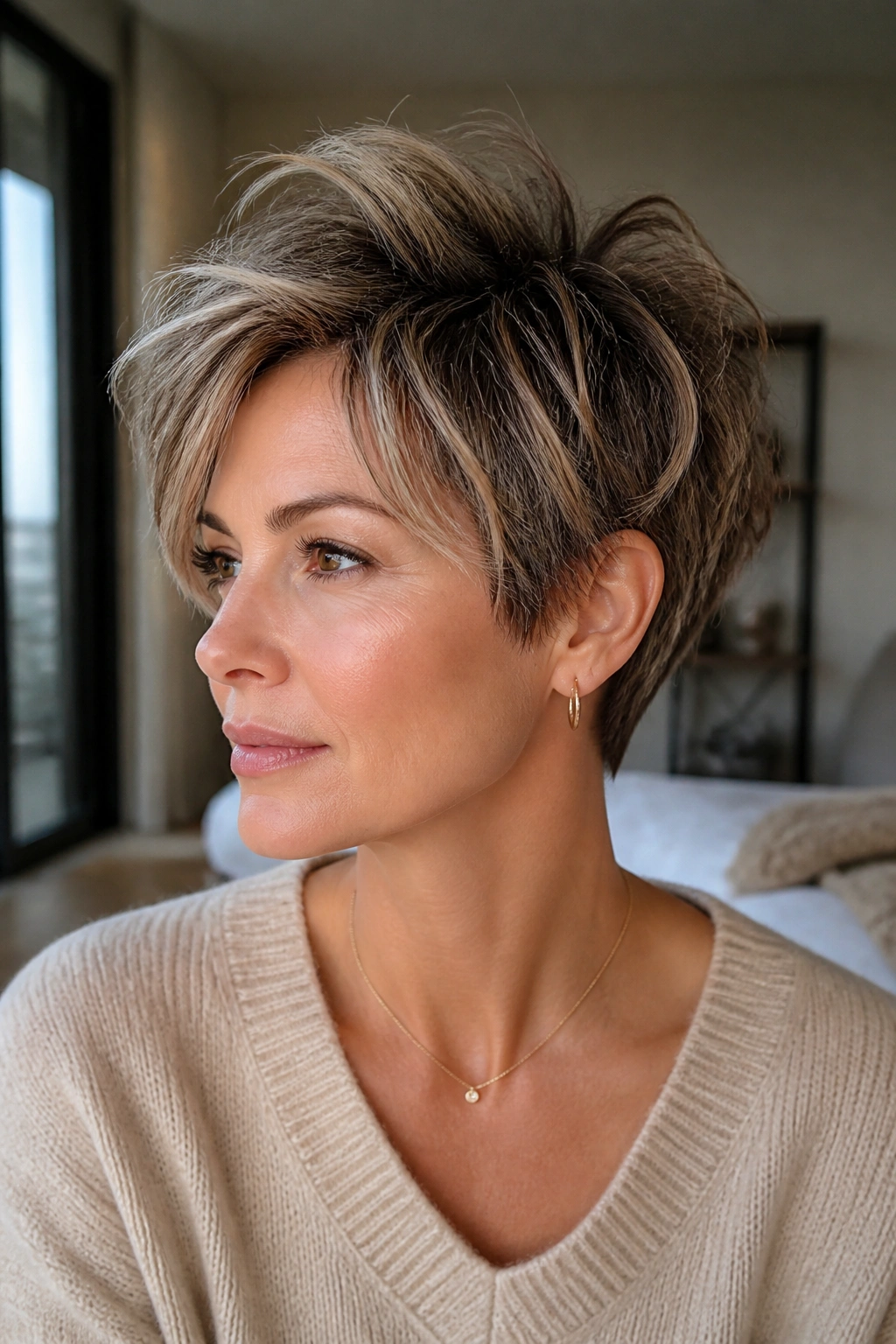 Real woman with piecey long pixie and crown volume in a bright room