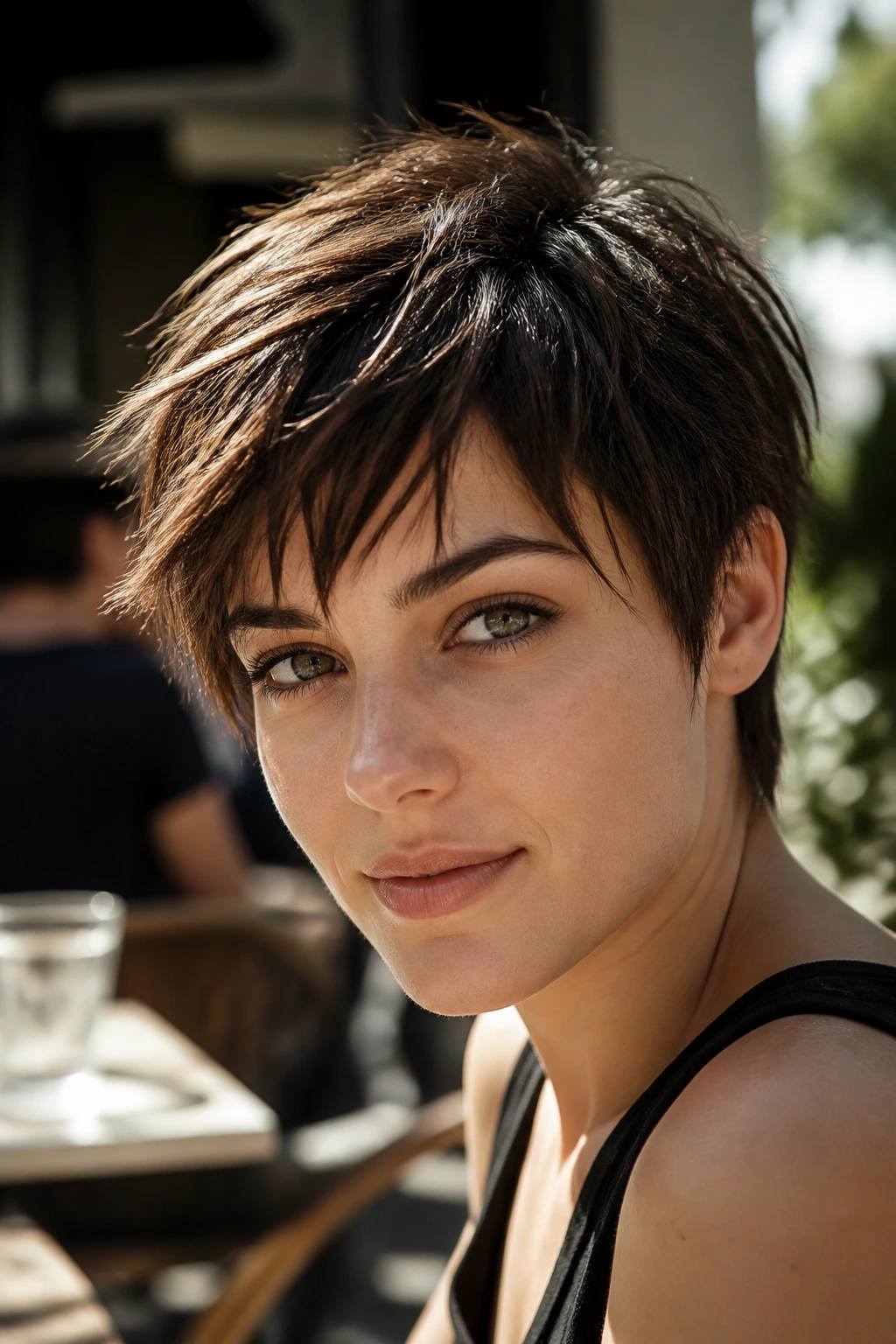 Close-up portrait of a person with piecey messy pixie and broken-up front layers, straight hair.