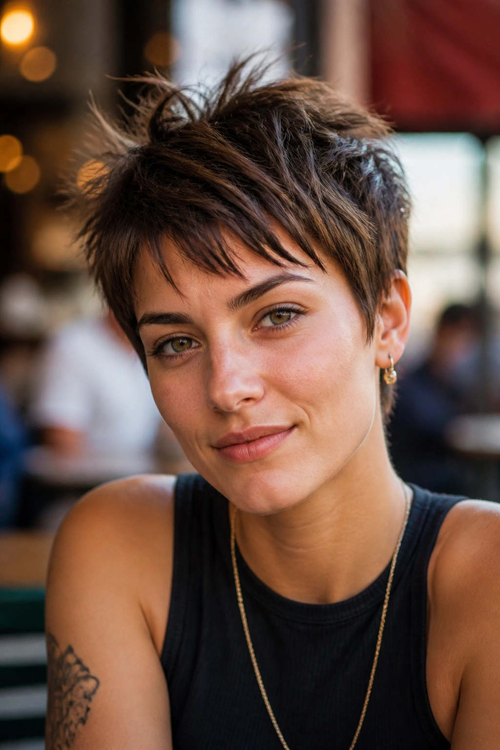 Close-up portrait of a real person with a piecey pixie hairstyle showing spikes and texture
