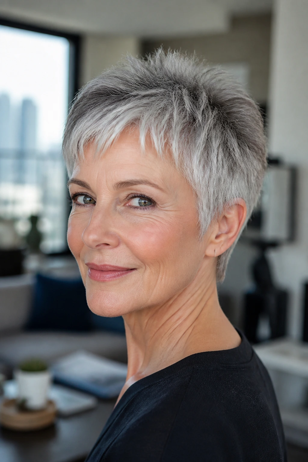 Close-up portrait of a woman with piecey pixie and micro layers