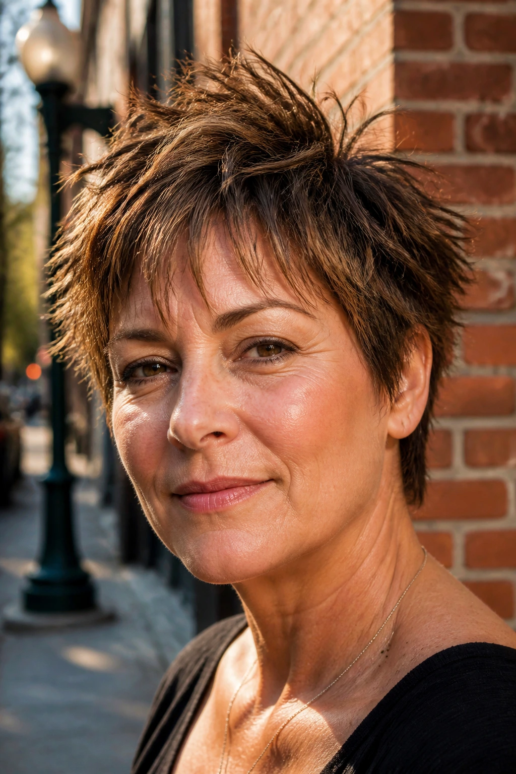 Close-up portrait of a real woman with a piecey shaggy pixie and jagged fringe