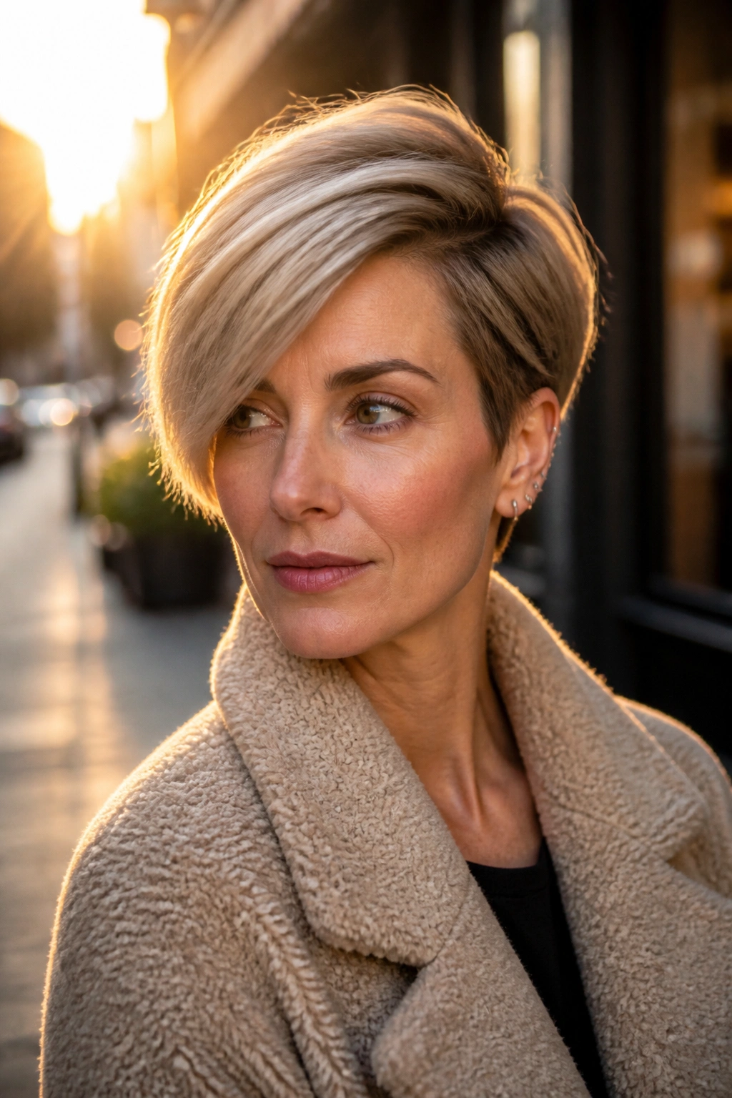 Portrait of a woman with a deep side-part pixie showing lift and diagonal sweep