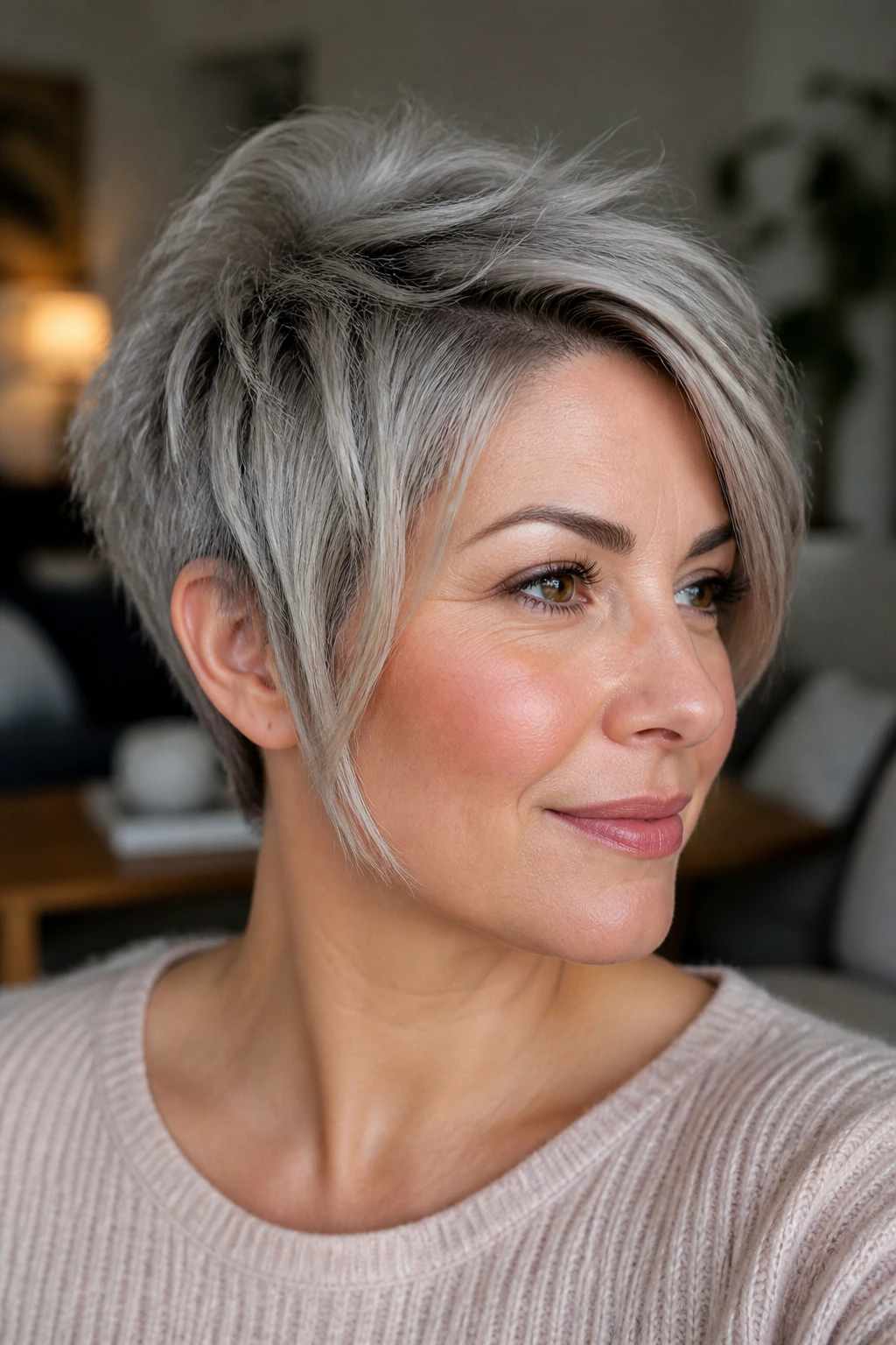 Close-up of a real woman with piecey pixie temple-length hairstyle