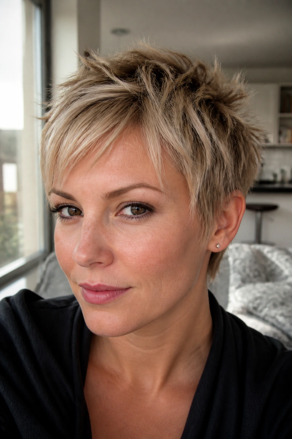 Close-up portrait of a real woman with a piecey razor pixie hairstyle
