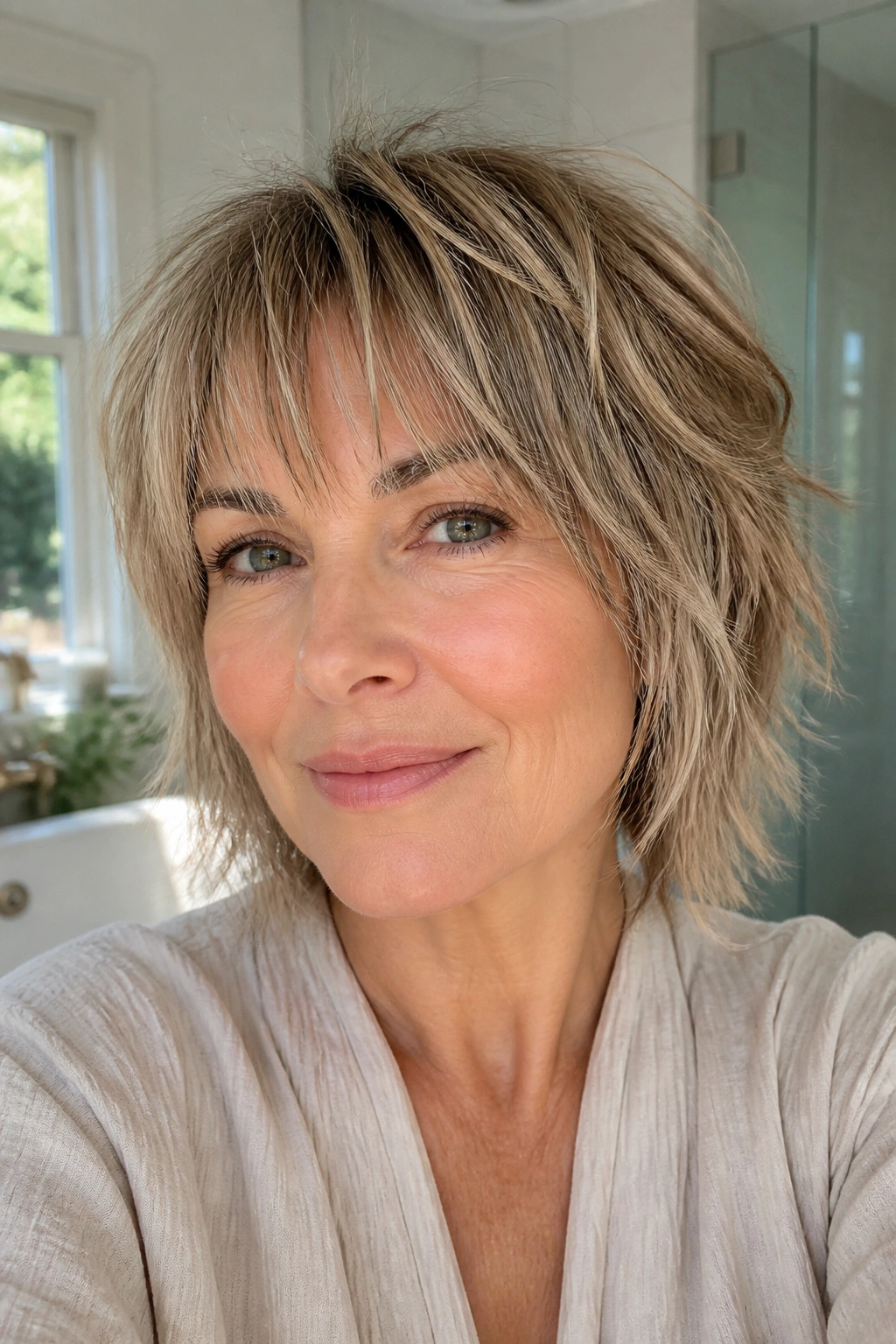 Real woman with piecey razor shag for fine hair under bright morning light