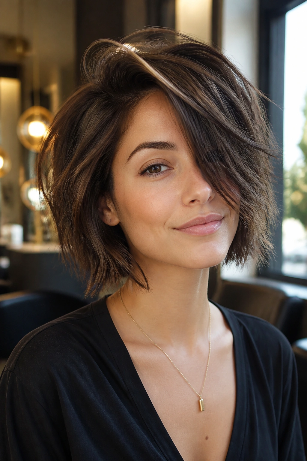 Real woman with piecey shag bob and deep side part in a sunny salon.