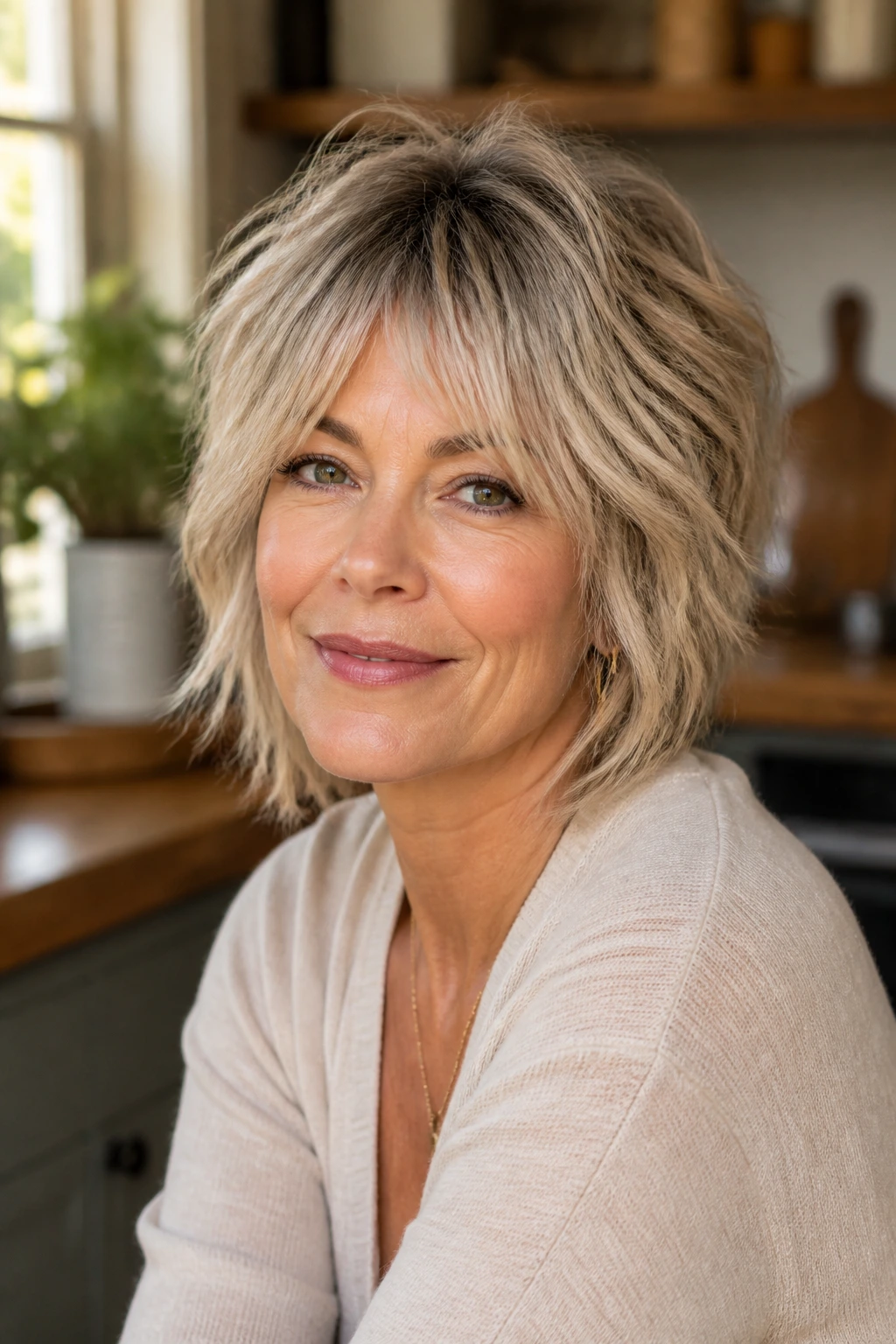 Real woman with piecey shag for fine hair in a sunlit kitchen