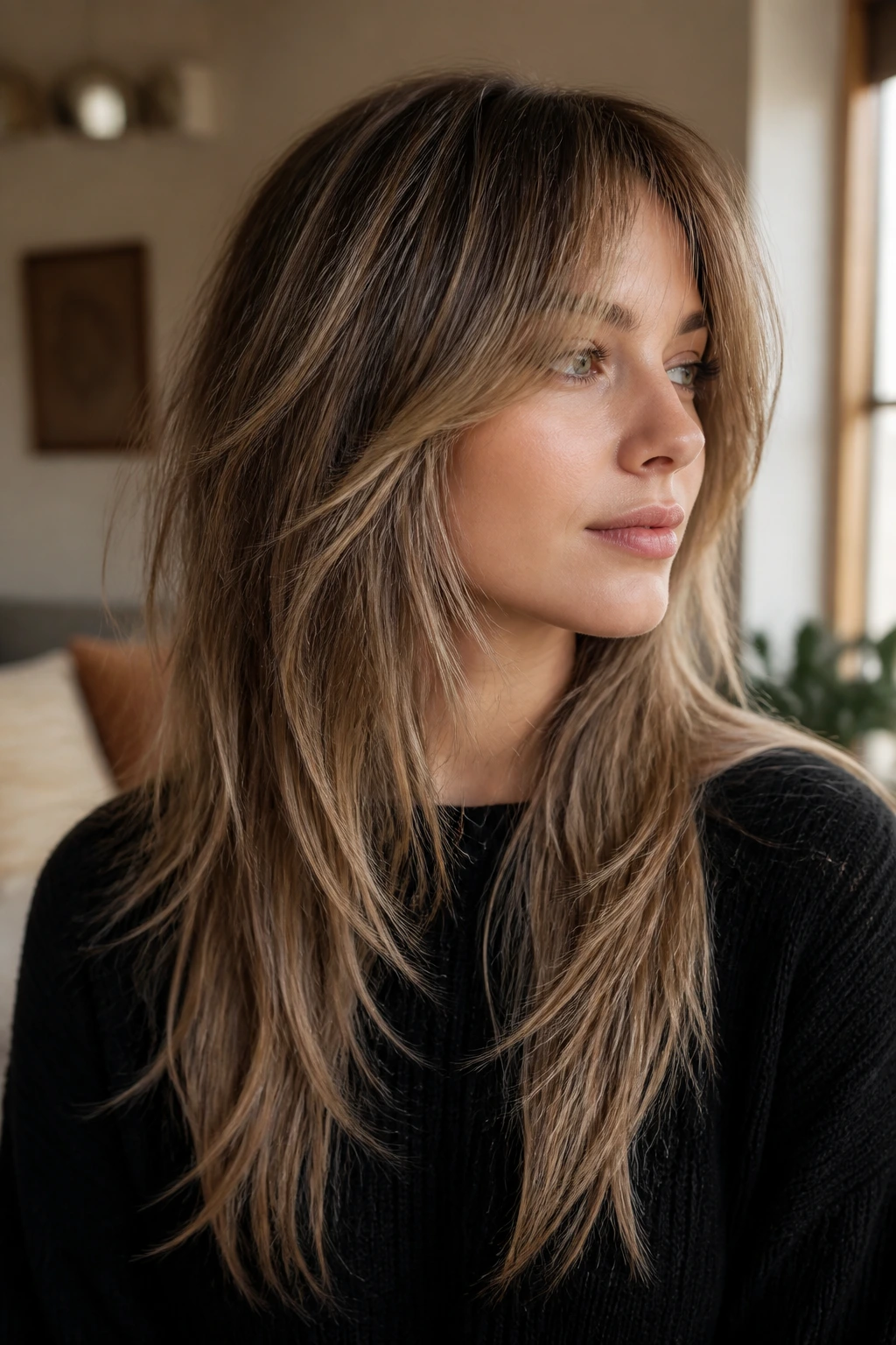 Close-up of a real woman with fine straight hair in a piecey shag