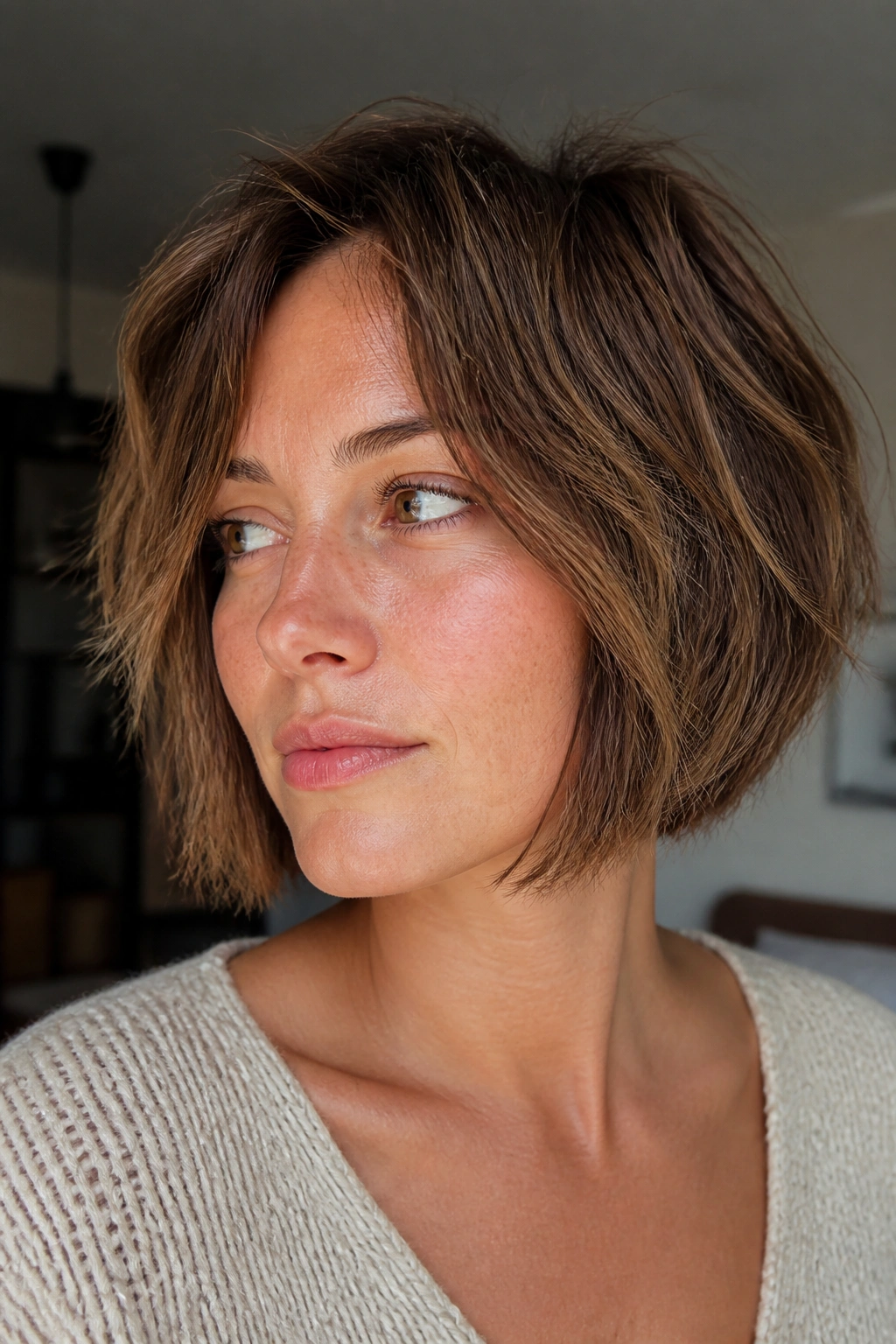 Close-up of a real woman with a piecey shaggy bob showing hidden layers