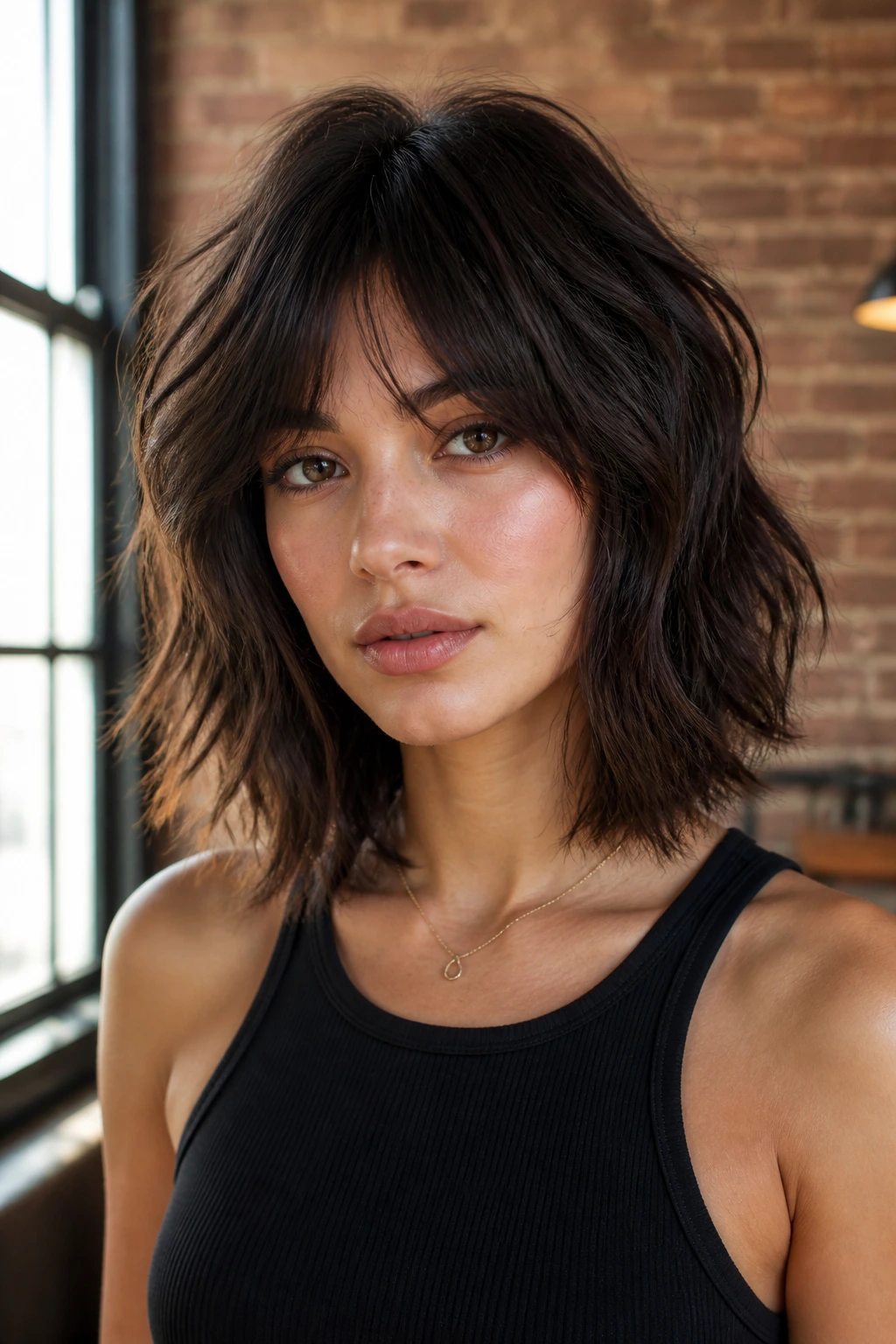 Portrait of a real woman with a piecey shaggy shoulder-length lob hairstyle
